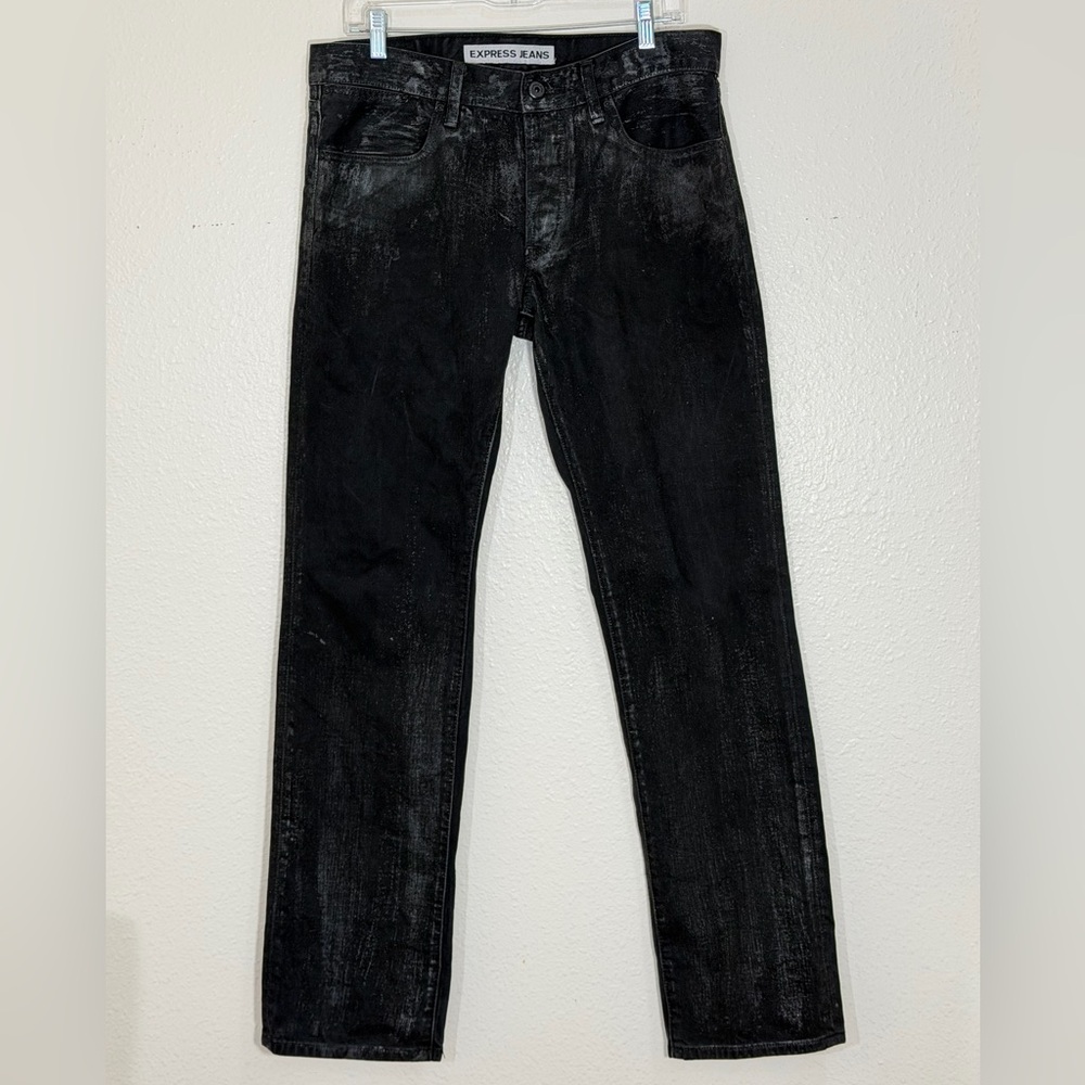 Express black silver wax-coated slim-fit Straight leg jeans by Express. 32 x 34 - Picture 4 of 9